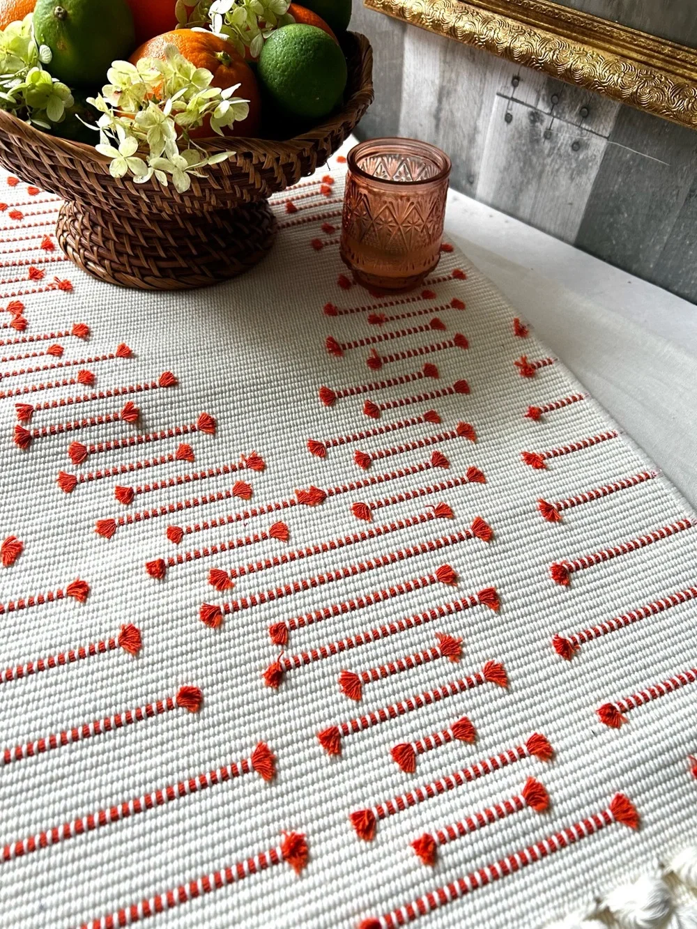 🌴Lovely Table Runner W/Boho Flair | White(cream) & Rusty Orange | Kirkton House